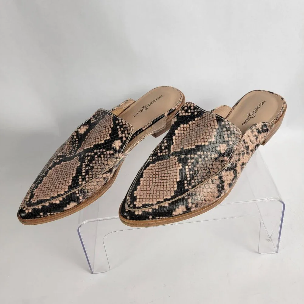 Treasure & Bond Womens 6.5 Tan Snake Print Slip On Mules‎ Business Casual Office
